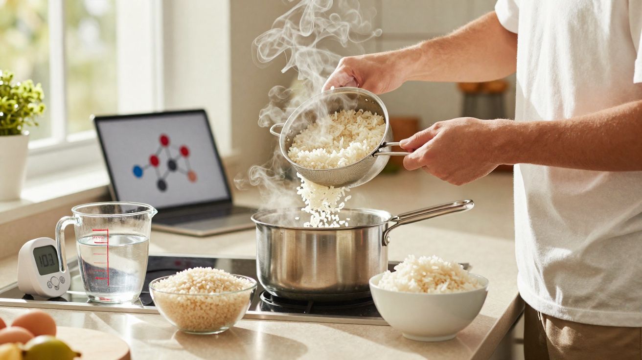 Pessoa a escorrer arroz cozido para uma panela a fumegar numa cozinha moderna.