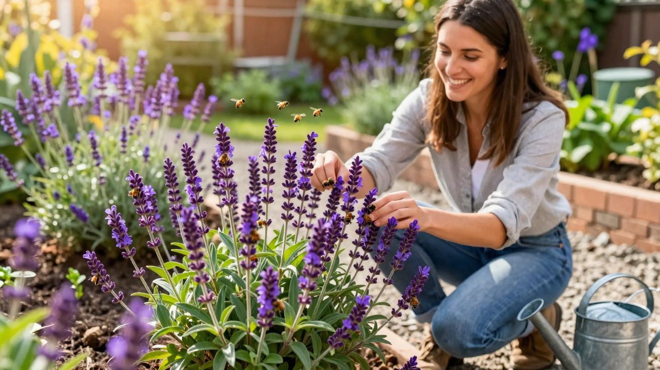 Mulher sorridente a cuidar de plantas de lavanda num jardim com abelhas a voar perto.