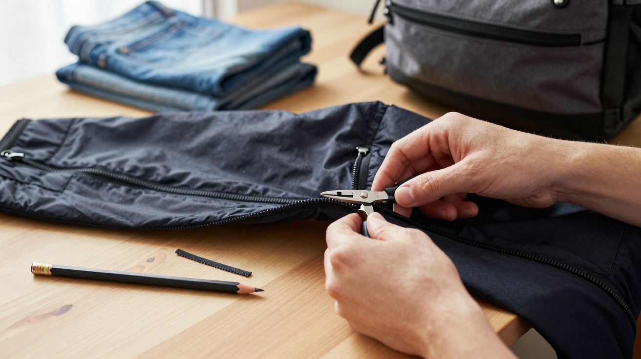 Pessoa a reparar um fecho de cabedal numa manga preta, com jeans e mochila ao fundo numa mesa.