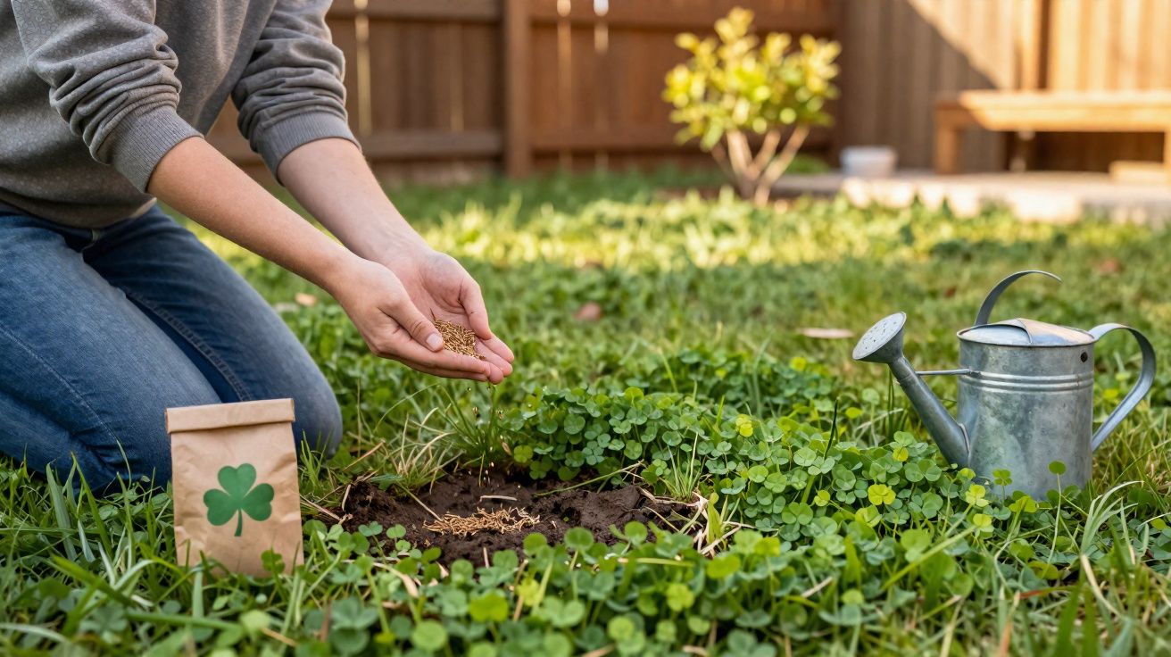 Pessoa a semear sementes num jardim com trevo e regador metálico ao lado.