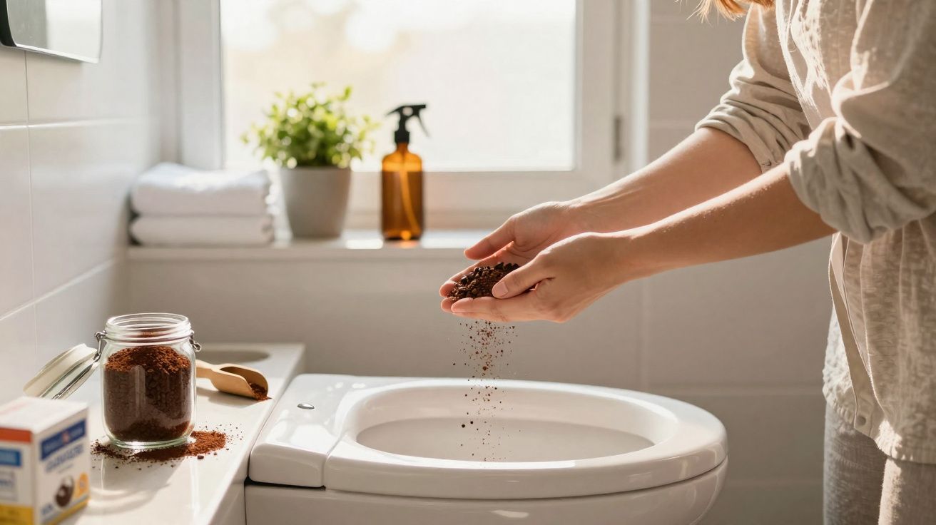 Pessoa a deitar café moído na sanita num banheiro com luz natural e plantas na janela