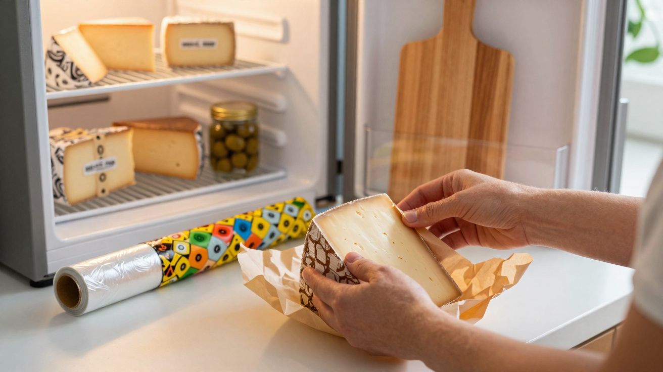 Mãos a segurar um pedaço de queijo junto a frigorífico com queijos e pote de azeitonas sobre bancada branca.