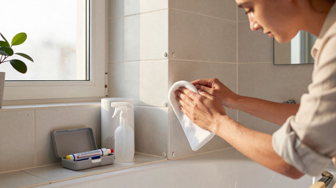 Pessoa a limpar azulejos de casa de banho com pano branco, com kit de primeiros socorros e pulverizador ao lado.