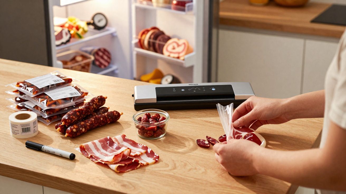 Pessoa a embalar enchidos em máquina de vácuo numa bancada de cozinha com vários enchidos cortados.