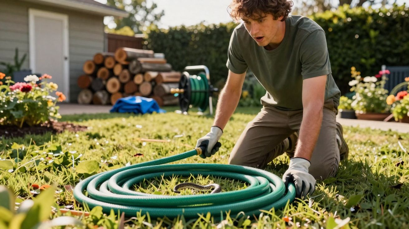 Homem surpreendido ao encontrar uma cobra enrolada numa mangueira de jardim no gramado.