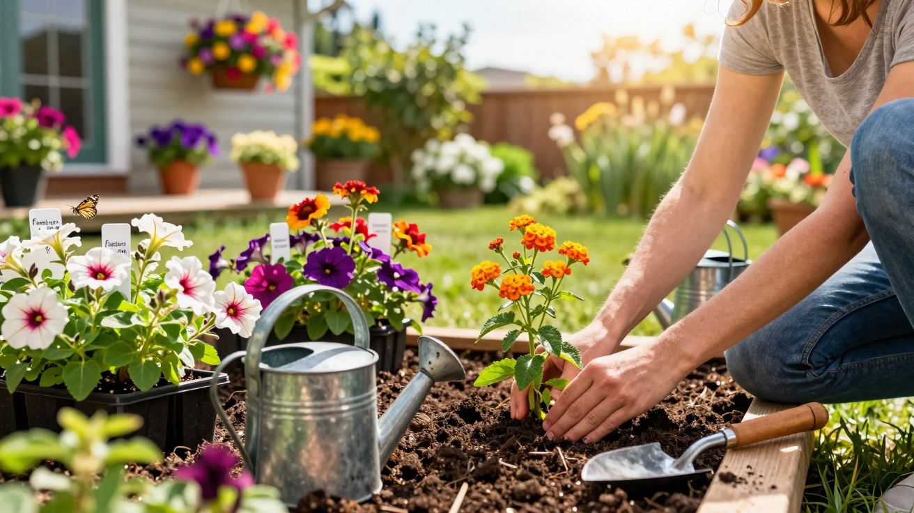 Pessoa a plantar flores num canteiro, com regador e flores coloridas à volta num jardim ao sol.