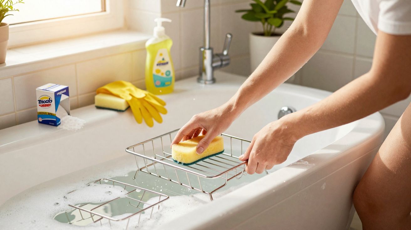 Mãos a esfregar esponja num suporte metálico sobre banheira com água e sabão, ao lado de luvas e detergente.