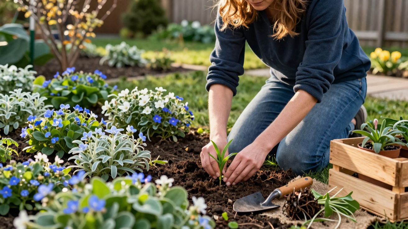 Pessoa a plantar muda numa horta com flores azuis e brancas, ao lado de caixa de madeira com plantas.