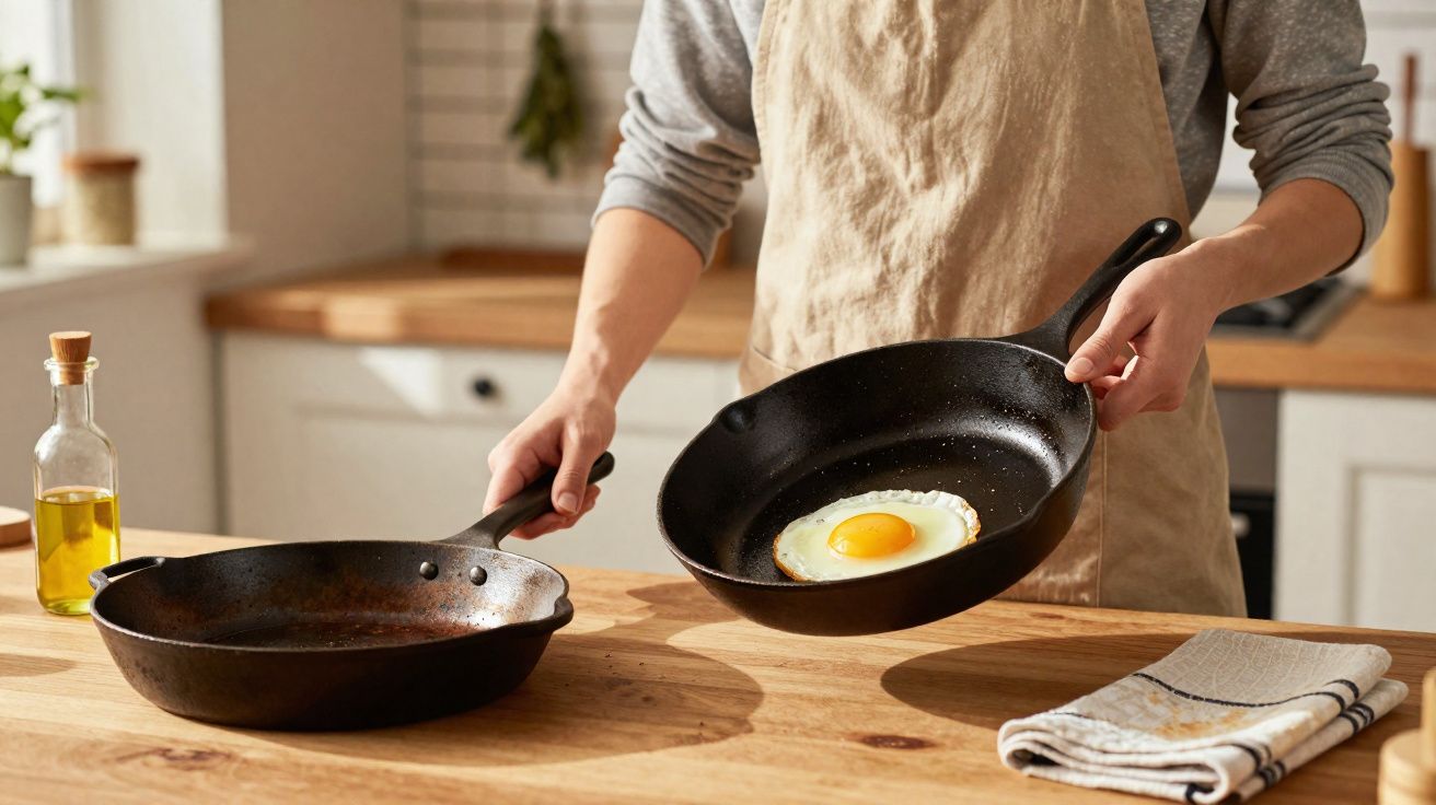 Pessoa segurando frigideira preta com ovo estrelado na cozinha moderna iluminada.