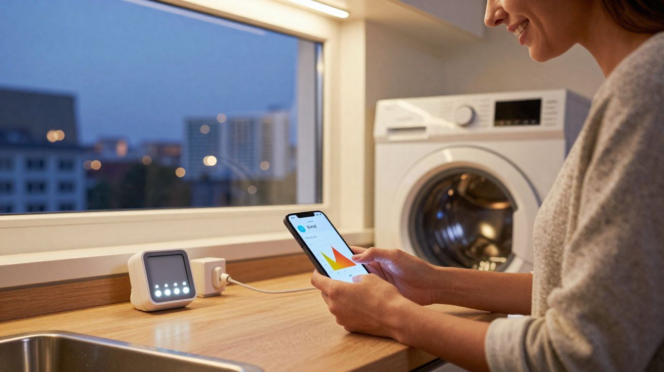 Mulher a usar smartphone para monitorizar consumo energético numa cozinha com máquina de lavar roupa.