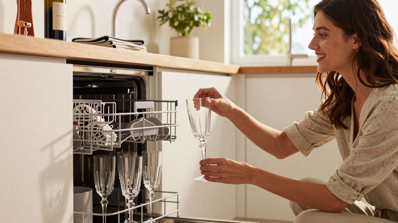 Mulher a retirar copo de vidro de máquina de lavar loiça numa cozinha moderna e luminosa.