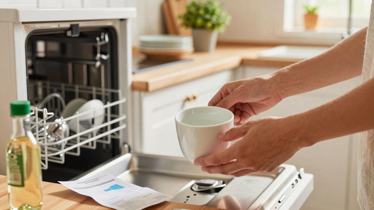 Pessoa a colocar uma chávena branca na máquina de lavar loiça numa cozinha luminosa.