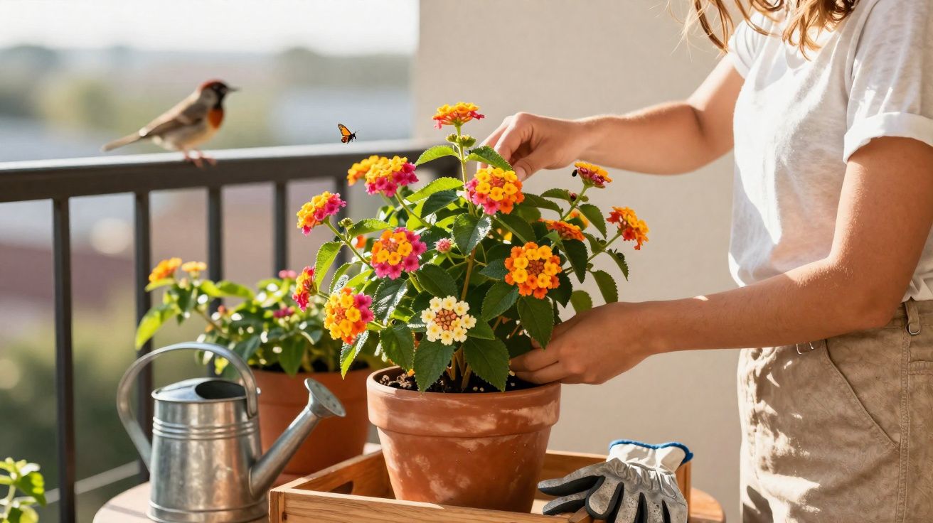 Pessoa a cuidar de planta florida em vaso de barro num terraço, com pássaro e regador ao lado.