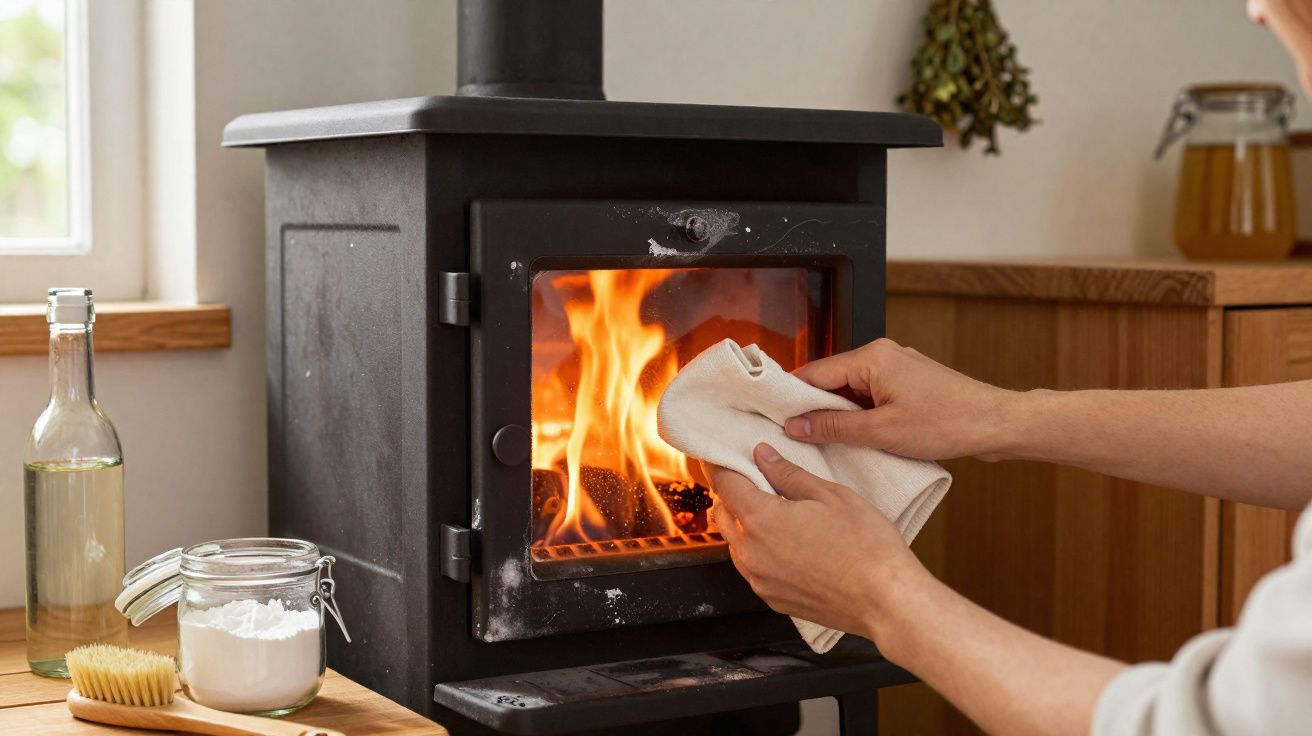 Pessoa a limpar a porta de vidro de um fogão a lenha com um pano branco numa cozinha.