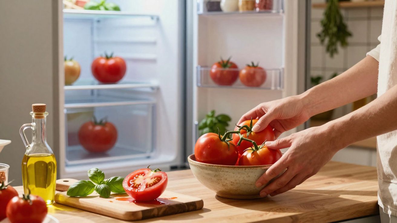 Mãos a colocar tomates numa tigela numa cozinha com frigorífico aberto, tomates e manjericão numa tábua de cortar.