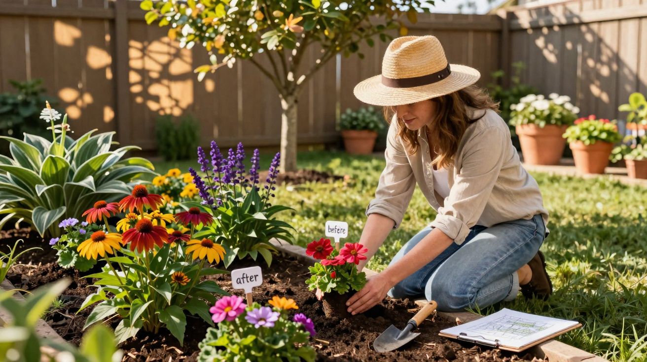 Mulher de chapéu a plantar flores num jardim com etiquetas “before” e “after” no solo.
