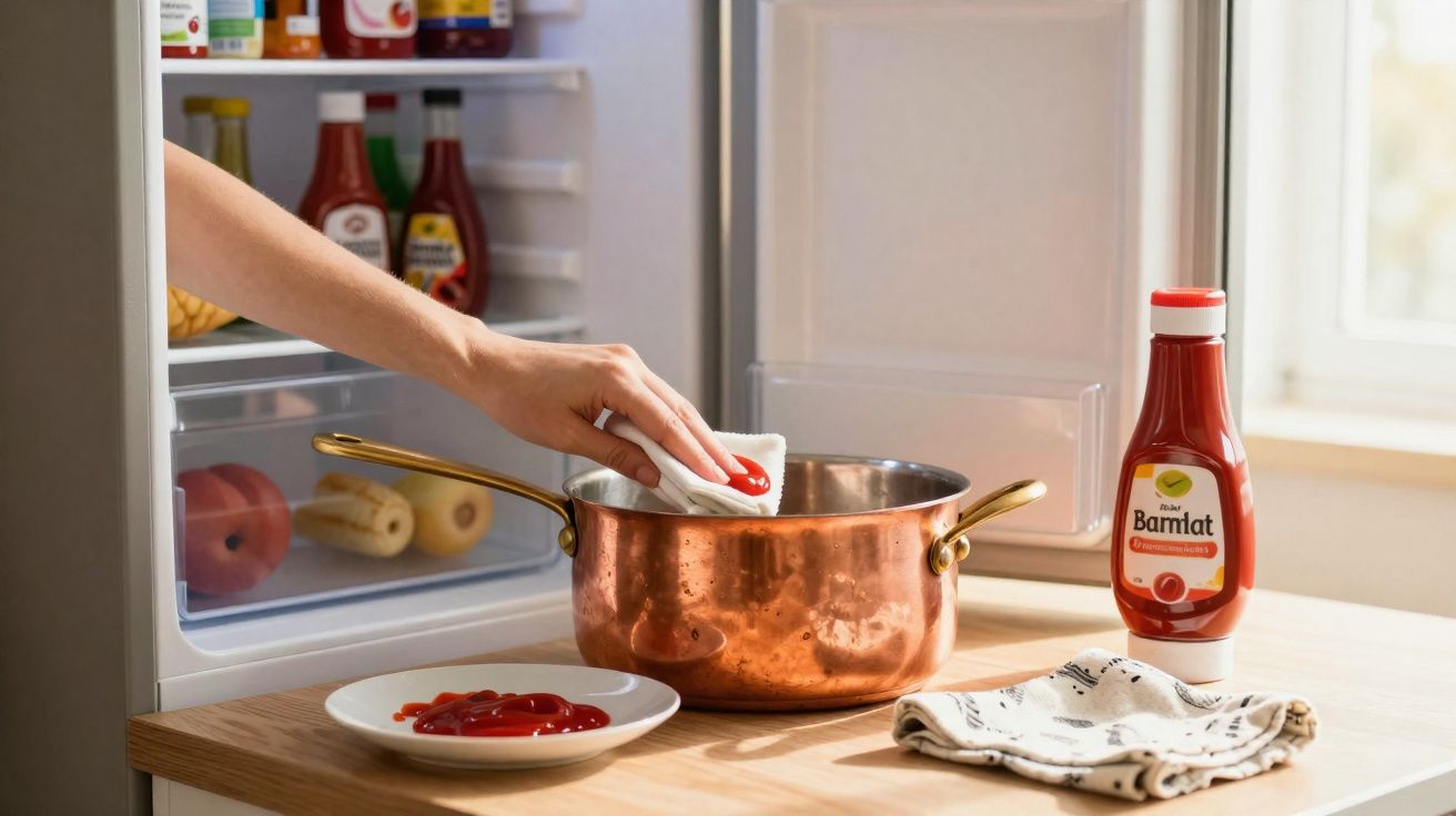 Mão a limpar panela de cobre com guardanapo, ketchup em prato e garrafa perto de frigorífico aberto.