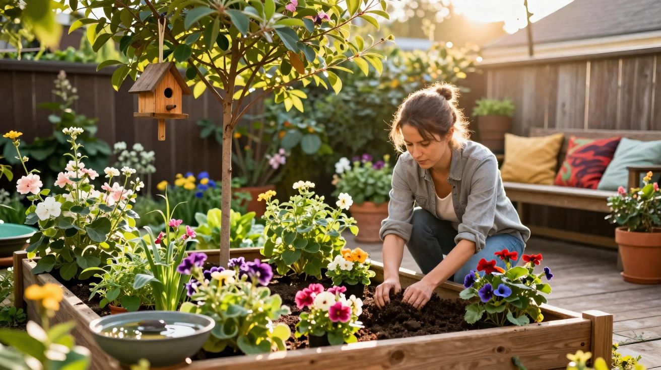 Mulher a cuidar de flores coloridas numa horta elevada num jardim com luz suave do entardecer.