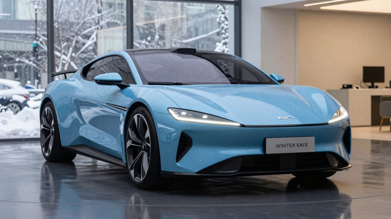 Carro desportivo azul claro estacionado num piso interior com neve visível no exterior.