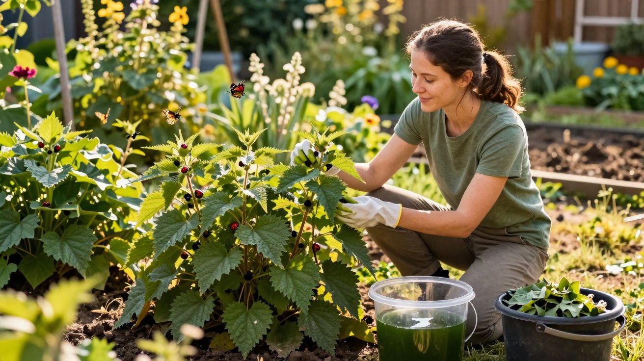 Mulher a cuidar de plantas num jardim ensolarado, vestindo luvas e roupa casual.