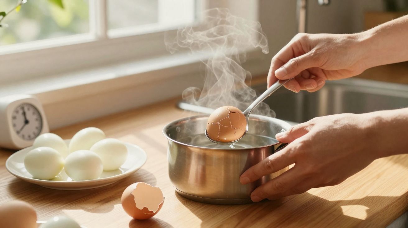 Mãos a retirar ovo com casca rachada de panela com água quente e vapor numa cozinha iluminada.