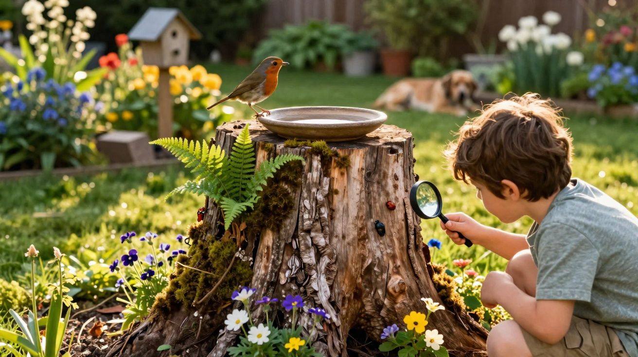 Criança observa insetos numa árvore enquanto um pardal está pousado numa tigela no jardim florido.
