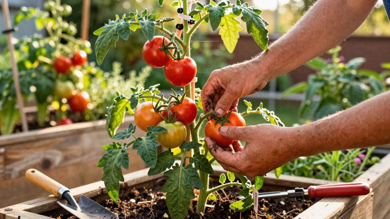 Mãos colhendo tomate maduro numa planta num jardim com caixa de madeira e ferramentas de jardinagem.