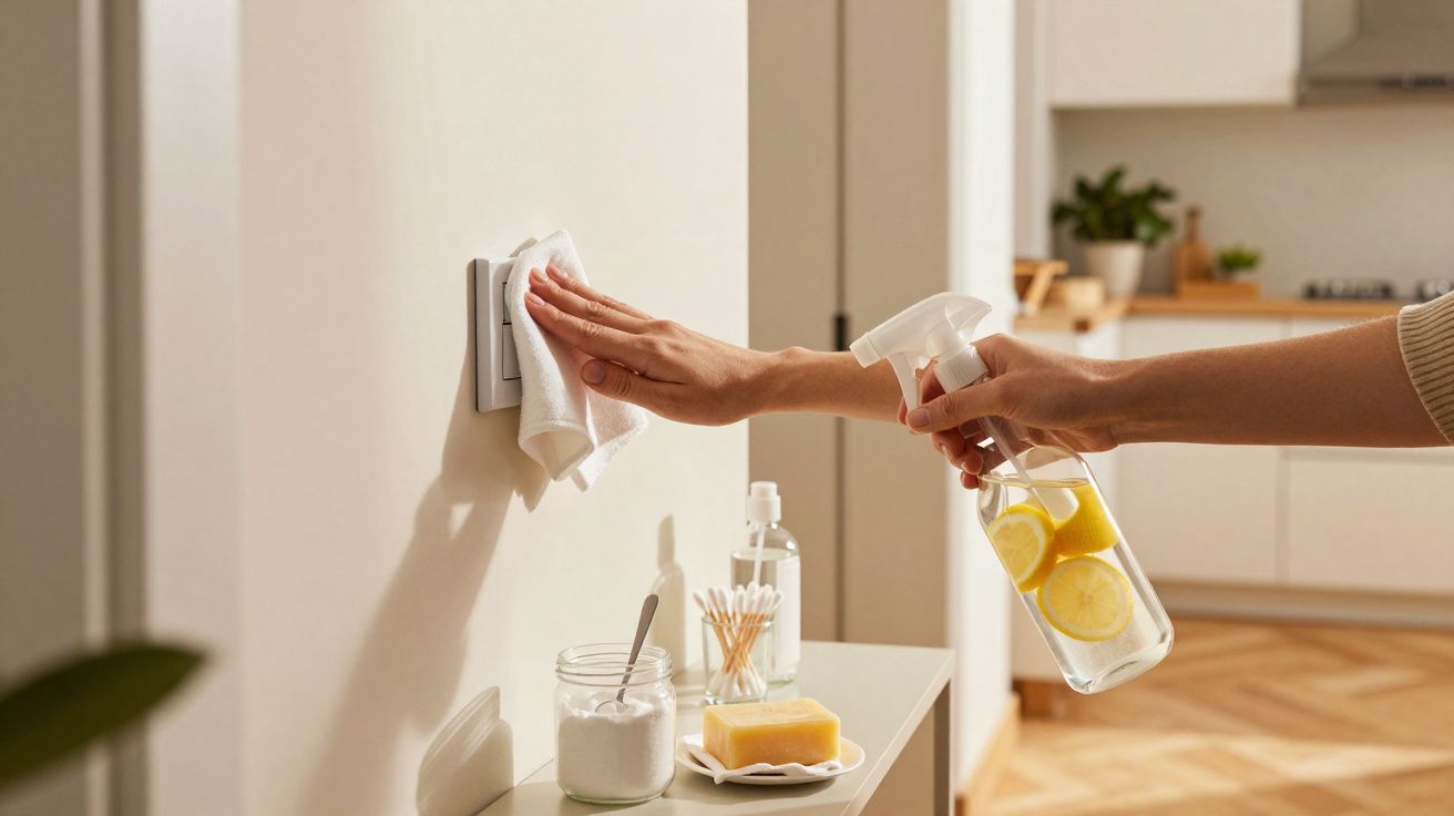 Mão a limpar interruptor de luz com pano e spray caseiro de limão numa cozinha organizada.