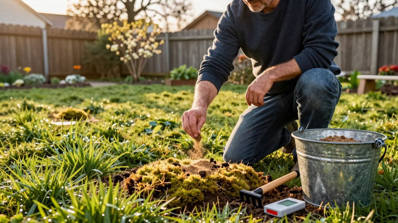 Homem a semear sementes numa área de jardim com musgo, rodeado de plantas e ferramentas de jardinagem.