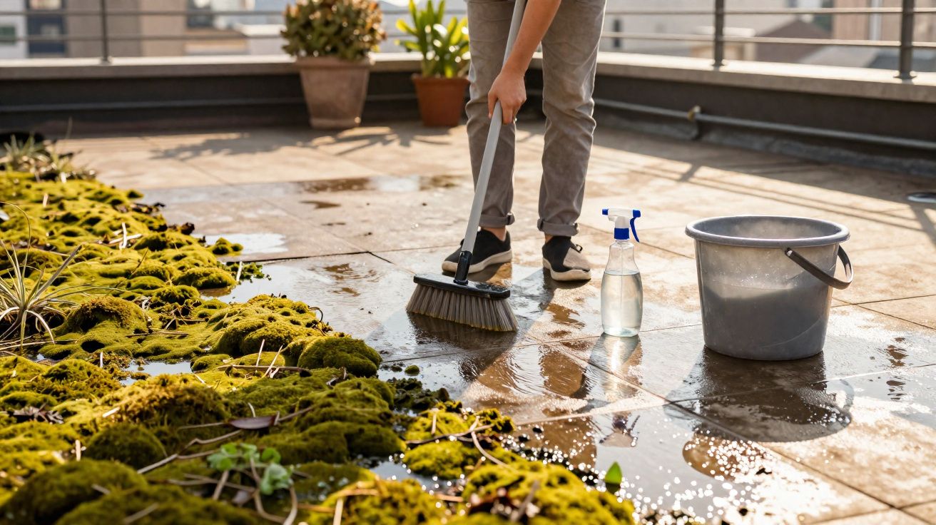 Pessoa a limpar chão molhado numa varanda com escova, balde e pulverizador junto a plantas com musgo.