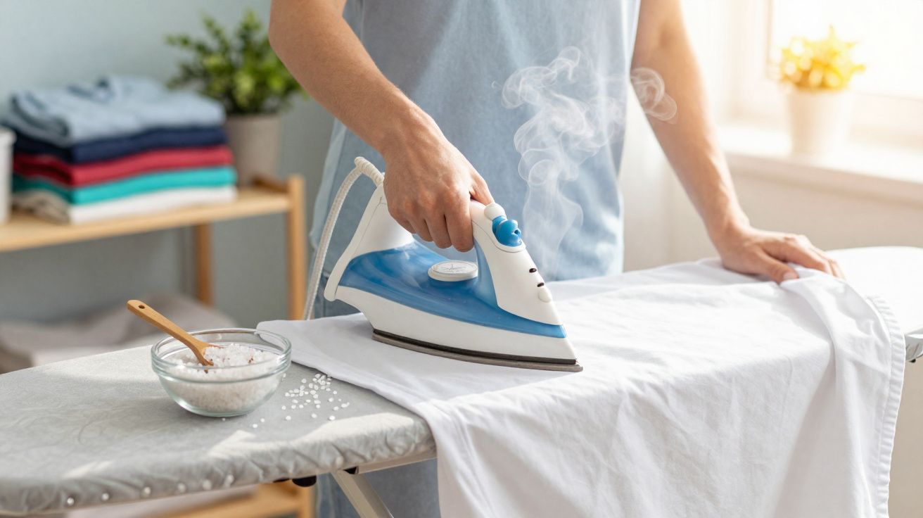 Pessoa a passar a ferro uma peça de roupa branca num tábua de engomar numa divisão bem iluminada.