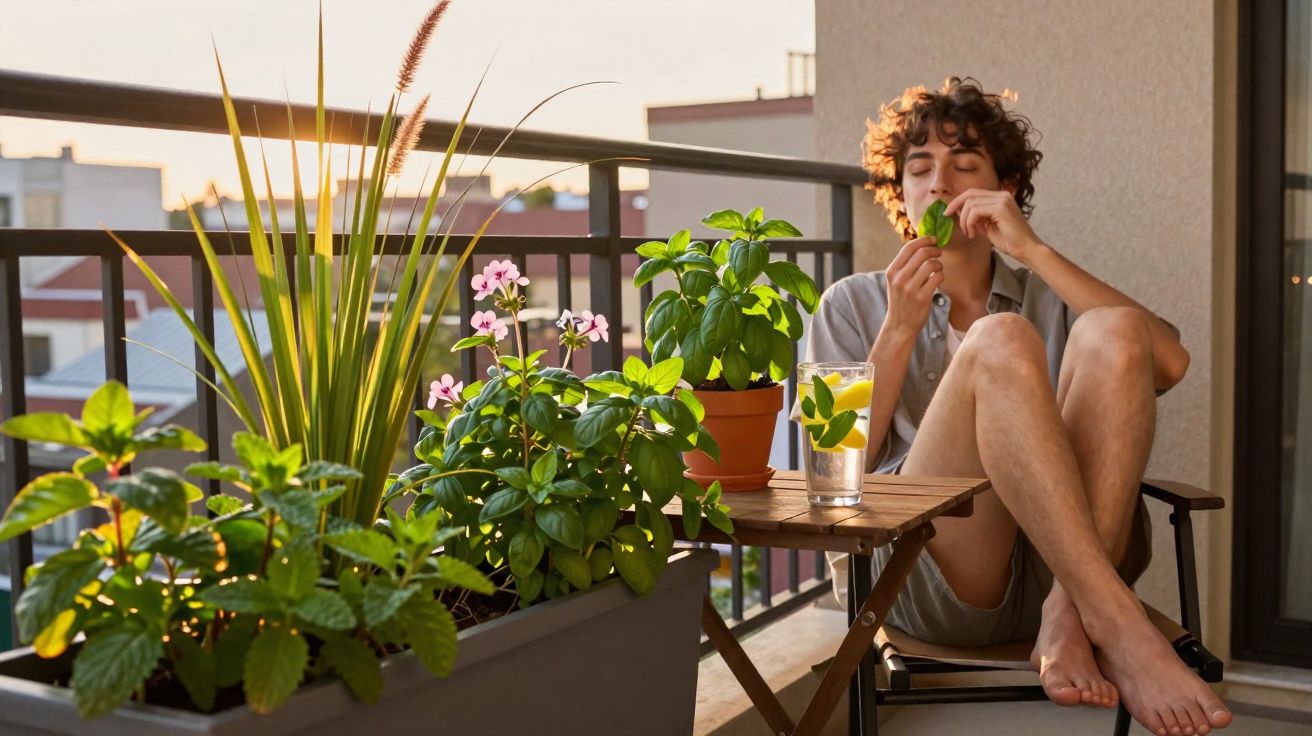 Jovem sentado numa varanda com várias plantas e um copo de bebida decorado com folhas verdes.