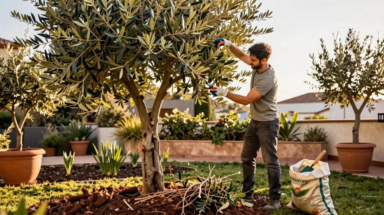 Homem a podar árvore de oliveira num jardim ensolarado, com saco de compostagem ao lado.