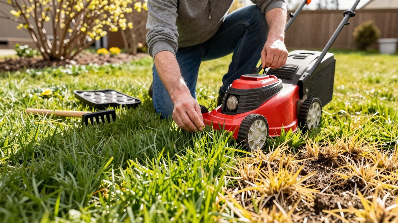 Pessoa a preparar cortador de relva num jardim com ferramentas de jardinagem ao lado.