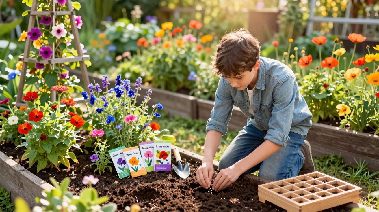 Menino a plantar sementes num canteiro de flores coloridas num jardim ensolarado.