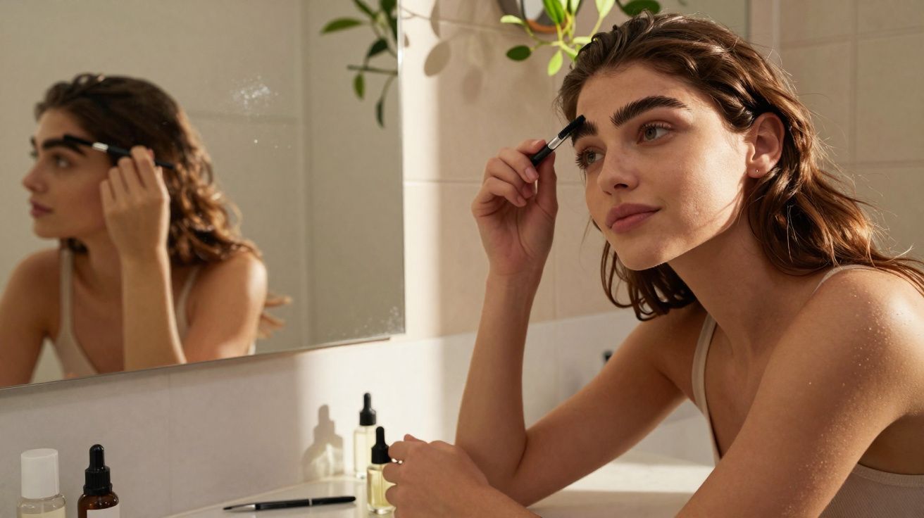 Mulher aplica maquilhagem nas sobrancelhas sentada à frente de um espelho numa casa de banho.