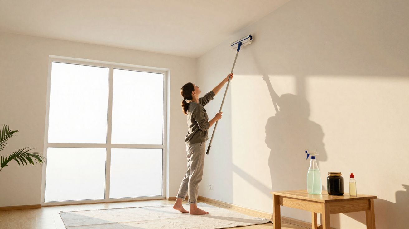 Pessoa a limpar o teto de uma divisão clara e vazia, com um pano numa haste longa, ao lado de uma mesa com produtos de limpez
