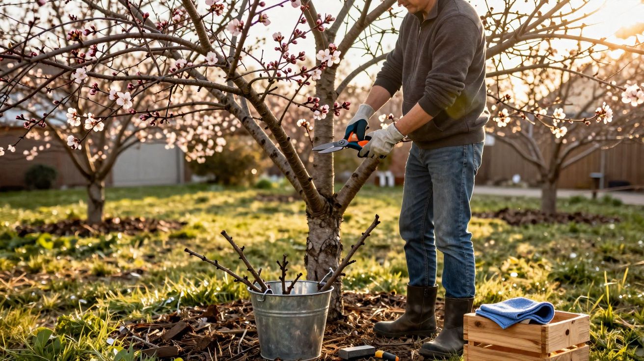 Pessoa a podar ramo de árvore em flor numa plantação ao pôr do sol, com balde e caixa de ferramentas no chão.