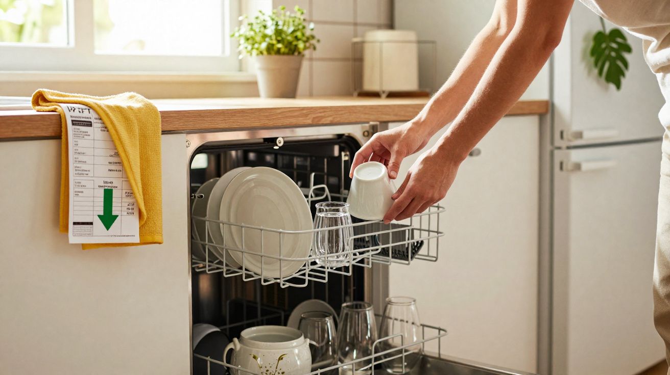 Pessoa a carregar copos e pratos numa máquina de lavar louça numa cozinha luminosa e organizada.