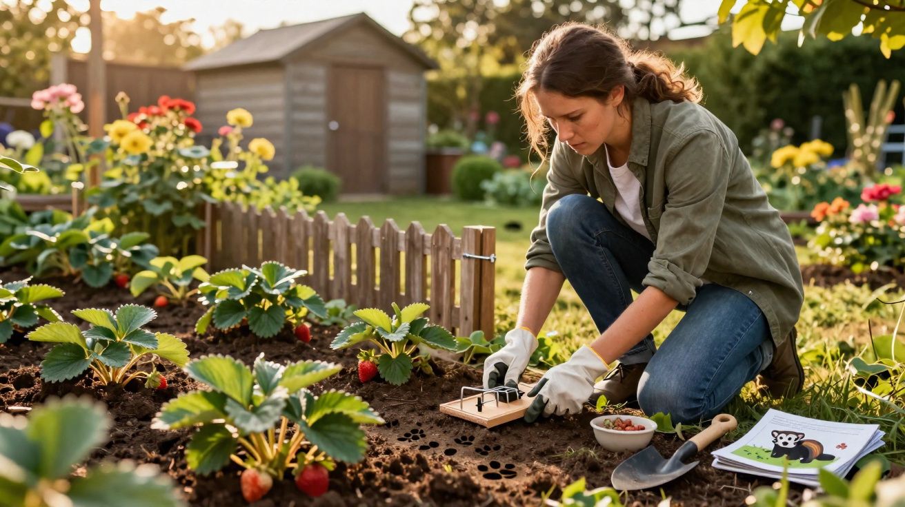 Mulher jovem a usar ratoeira para pragas em jardim de morangos ao pôr do sol.