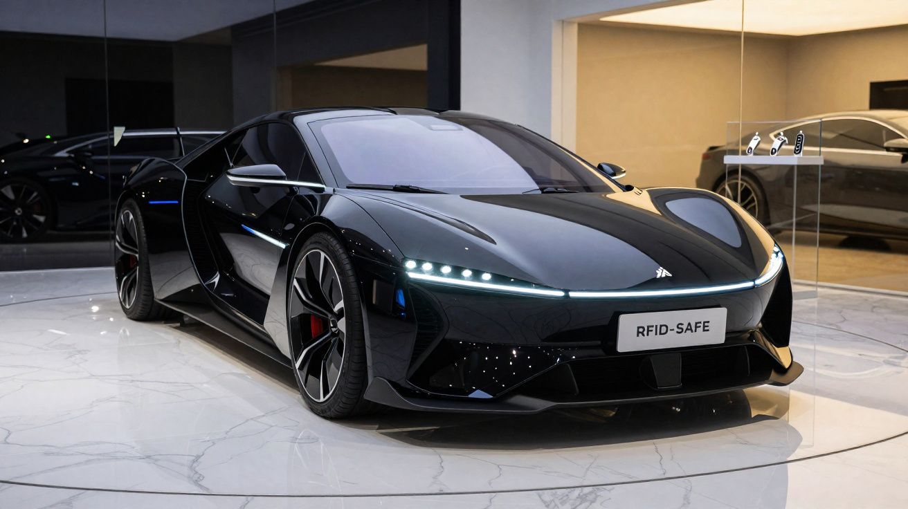 Carro desportivo elétrico preto com linhas aerodinâmicas e luzes LED, estacionado em piso branco brilhante.