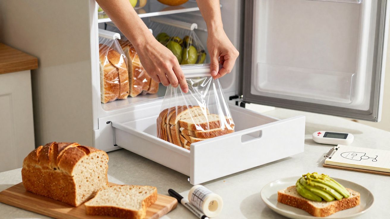 Mãos a colocar fatias de pão embalada numa gaveta frigorífica com pão e fruta ao fundo.