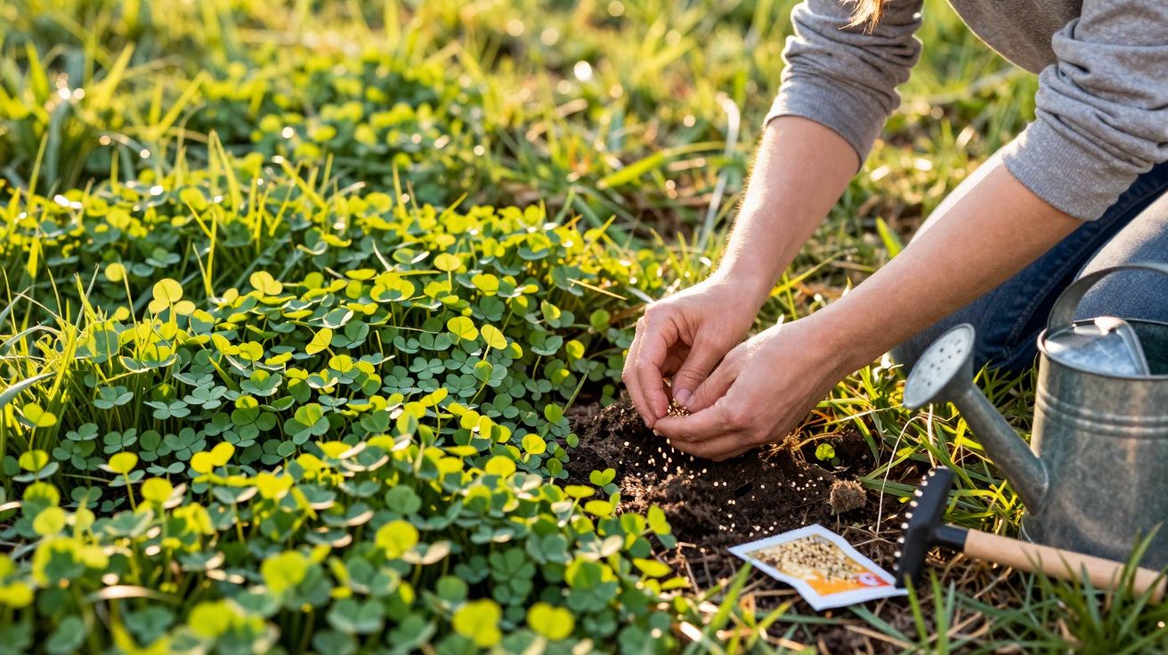 Pessoa a semear sementes em solo junto a plantas com regador e ferramentas de jardinagem ao lado.