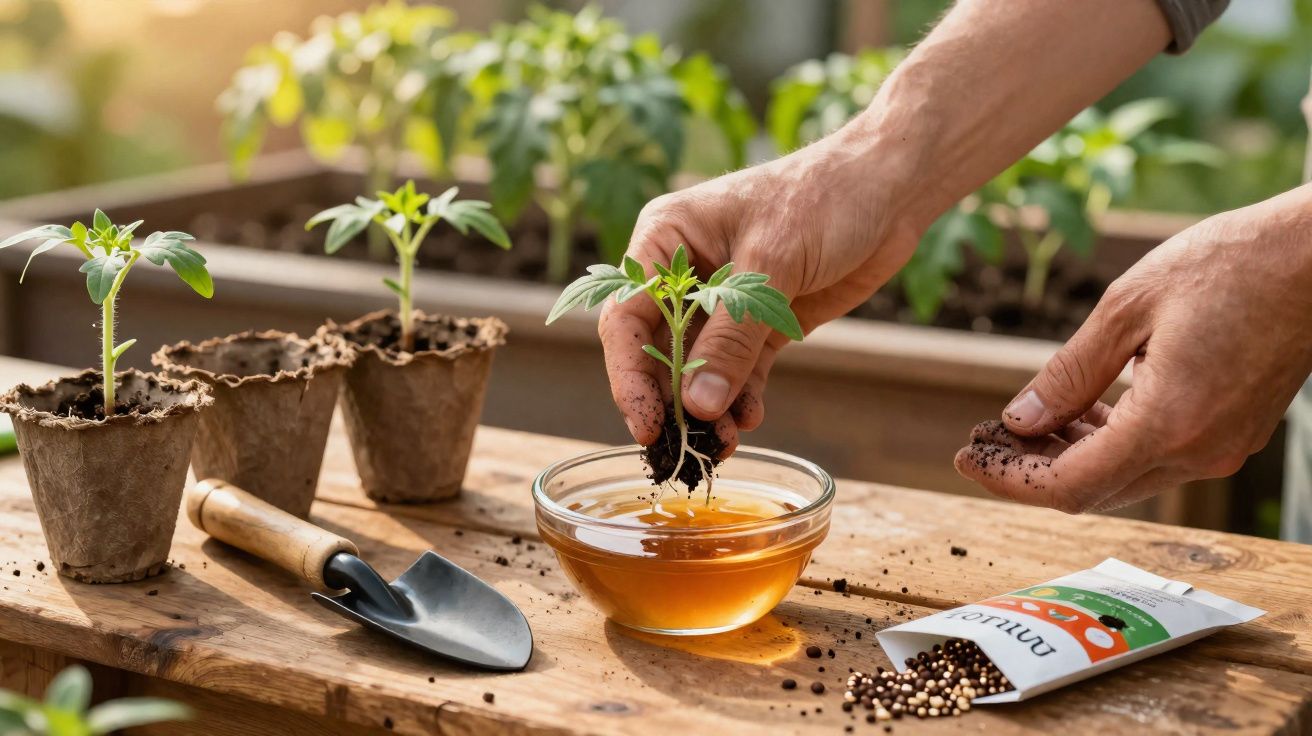Mãos a regar mudas com líquido amarelado, vasos de sementes, pá de jardim, ambiente de cultivo artesanal.
