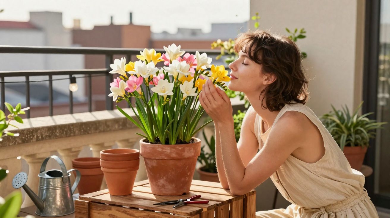 Mulher jovem cheira flores coloridas em vaso de barro numa varanda ensolarada com utensílios de jardinagem.