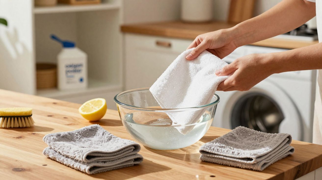Mãos a mergulhar um pano branco numa taça com água sobre uma bancada de madeira com panos cinzentos.