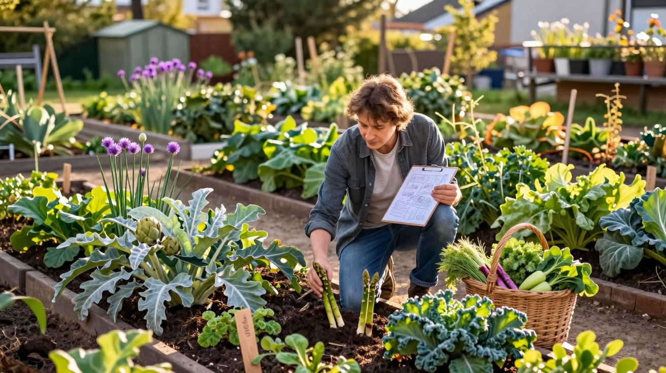Pessoa a colher espargos num jardim comunitário com várias plantas e cesto de legumes ao lado.