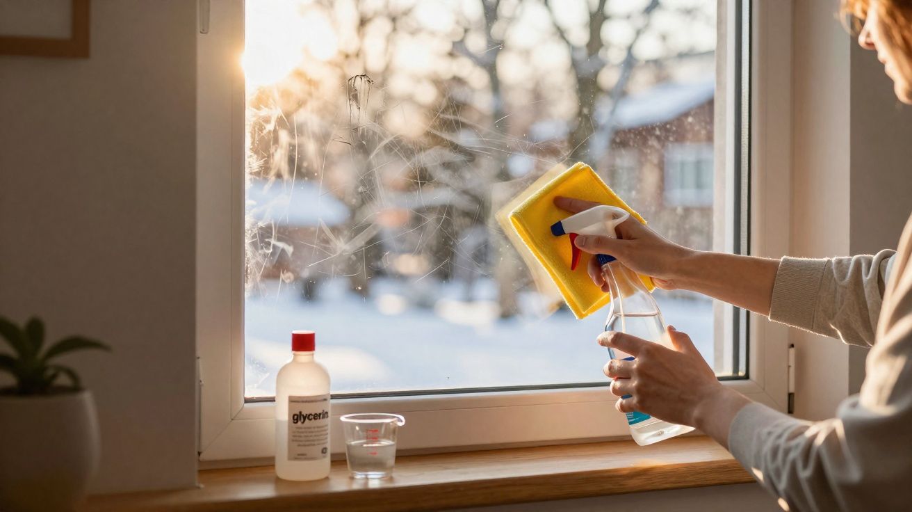 Pessoa a limpar uma janela com pano amarelo e spray, com garrafa de glycerin e copo ao lado na janela.
