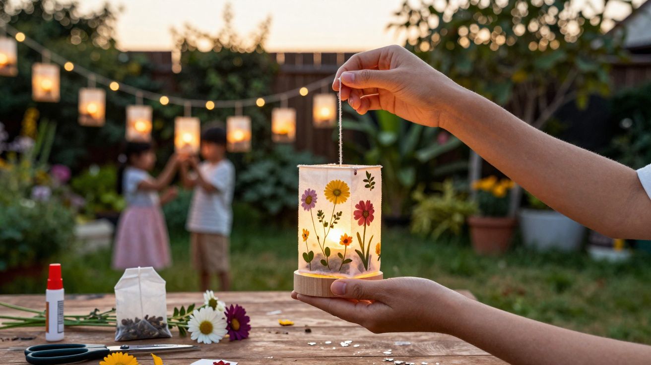 Pessoa a segurar um lanterna com flores naturais iluminada, crianças e luzes penduradas ao fundo num jardim.