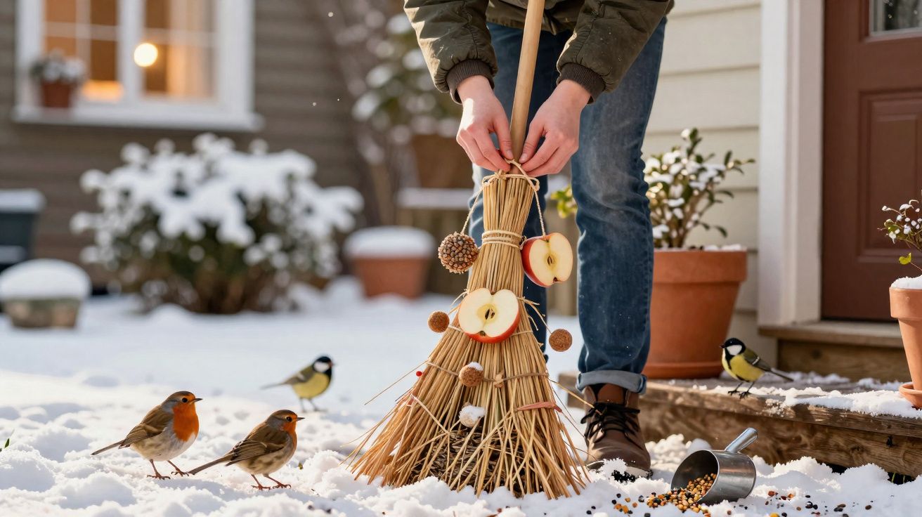 Pessoa segurando uma vassoura decorada com maçãs e pinhas na neve, com pássaros ao redor.
